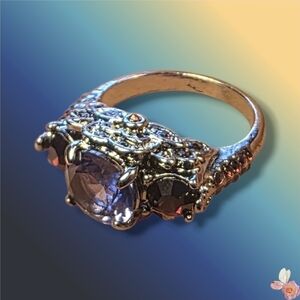 Gothic Deep Silver Tone Amethyst CZ Ring Red Accents Statement Size 8 291